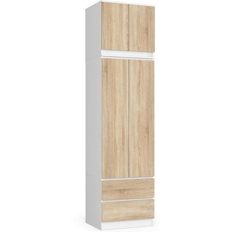 Kleiderschrank AKORD S60 mit Aufsatz Weiß 60 cm 2 Türen 2 Schubladen 3 Ebenen Front Sonoma-Eiche B60 x H234 x T51 cm