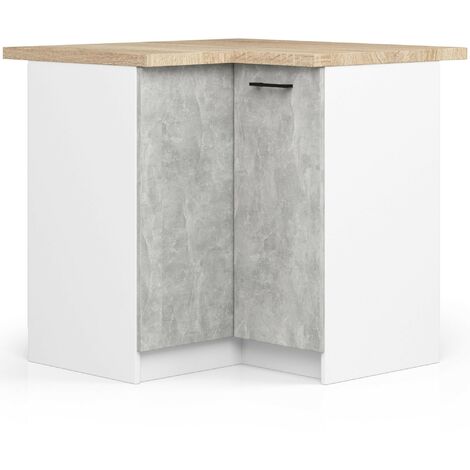 Küchenschrank AKORD OLIWIA modular S90 Unterschrank für die Ecke der Küche mit Arbeitsplatte Weiß 90 cm 2 Türen 2 Ebenen Front Beton B90 x H85 x T46 cm