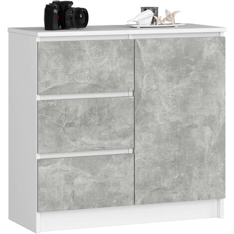 Kommode AKORD JERRY Weiß 80 cm Tür 3 Schubladen 2 Ebenen Front Beton B80 x H77 x T35 cm