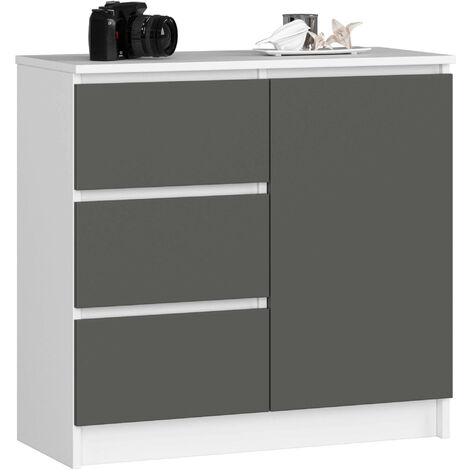 Kommode AKORD JERRY Weiß 80 cm Tür 3 Schubladen 2 Ebenen Front Graphitgrau B80 x H77 x T35 cm