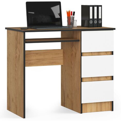 PC-Schreibtisch AKORD A6 rechts in der Farbe Eiche Craft mit 3 Schubladen Front Weiß und 1 Ablagen B90 x H77 x T50 cm