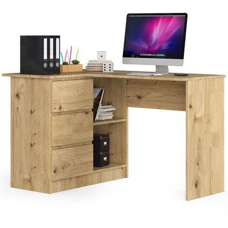Eck-Schreibtisch AKORD B16 links in der Farbe Eiche Artisan mit 3 Schubladen und 2 Ablagen B124 x H77 x T85 cm