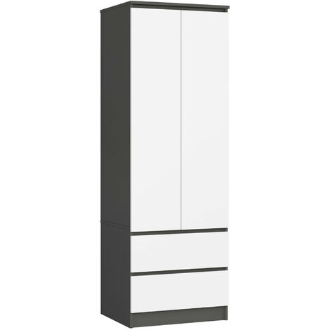 Kleiderschrank AKORD S60 Graphitgrau 60 cm 2 Türen 2 Schubladen Regal Front Weiß B60 x H180 x T51 cm