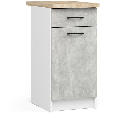 Küchenschrank AKORD OLIWIA modular S40 Unterschrank mit Arbeitsplatte Weiß 40 cm Tür Schublade 2 Ebenen Front Beton B40 x H85 x T46 cm