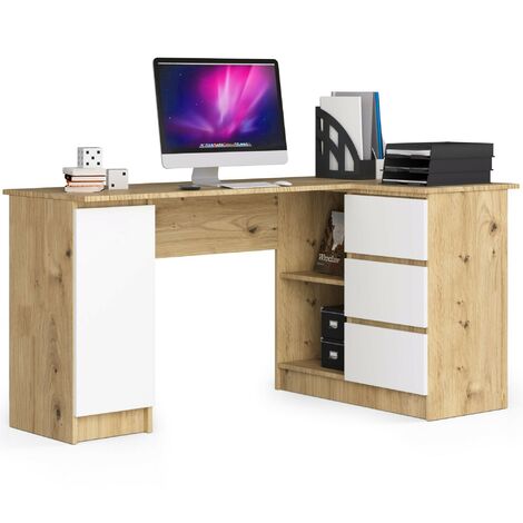 Eck-Schreibtisch AKORD B20 rechts in der Farbe Eiche Artisan mit 3 Schubladen Front Weiß und 4 Ablagen B155 x H77 x T85 cm