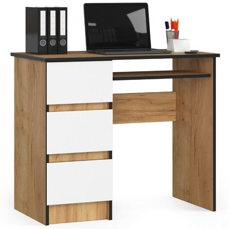 PC-Schreibtisch AKORD A6 links in der Farbe Eiche Craft mit 3 Schubladen Front Weiß und 1 Ablagen B90 x H77 x T50 cm