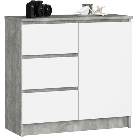 Kommode AKORD JERRY Beton 80 cm Tür 3 Schubladen 2 Ebenen Front Weiß B80 x H77 x T35 cm