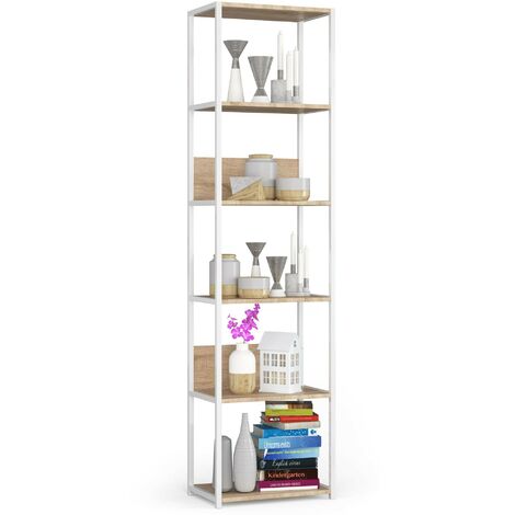 Bücherregal AKORD Metallregal mit Ebenen aus Holzwerkstoff Weiß Breite 50 cm 6 Ebenen Sonoma-Eiche B50 x H192 x T32 cm (1/5)