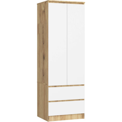 Kleiderschrank AKORD S60 Eiche Artisan 60 cm 2 Türen 2 Schubladen Regal Front Weiß B60 x H180 x T51 cm