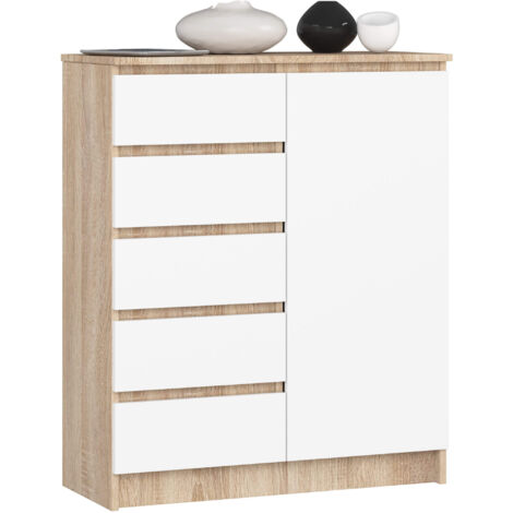 Kommode K80 Sonoma Eiche 80 cm 1 Tür 5 Schubladen Front Weiß 3 Regalböden B80xH35xT97 cm (1/5)