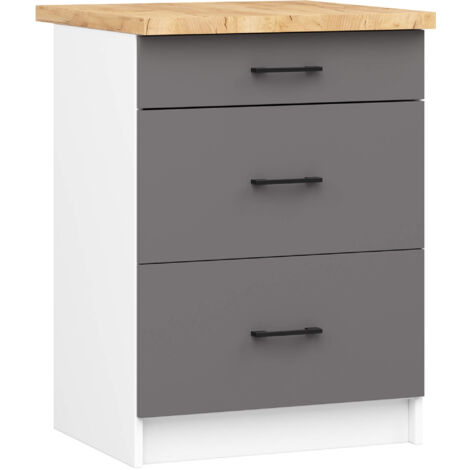 Küchenschrank AKORD OLIWIA modular S60 Unterschrank mit Arbeitsplatte Weiß 60 cm 3 Schubladen Front Graphitgrau B60 x H85 x T46 cm