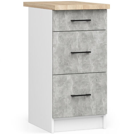 Küchenschrank AKORD OLIWIA modular S40 Unterschrank mit Arbeitsplatte Weiß 40 cm 3 Schubladen Front Beton B40 x H85 x T46 cm