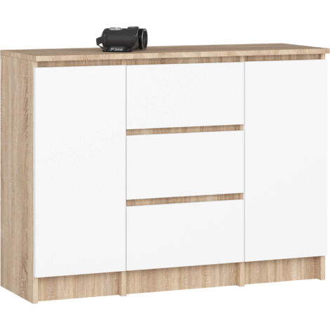 Kommode K100 Sonoma Eiche 101 cm 2 Türen 3 Schubladen Front Weiß 4 Regalböden B101xH76xT35 cm (1/5)