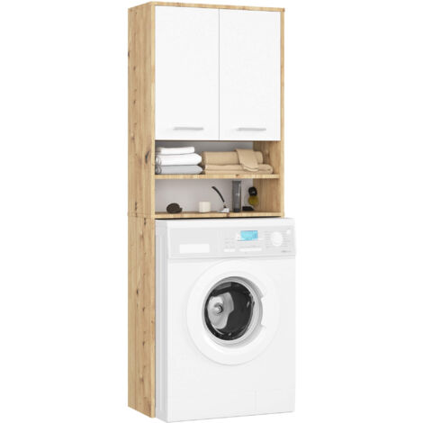 Waschmaschinenschrank AKORD FIN Badschrank Artisan Eiche 64 cm breit 2 Türen 4 Ebenen Front Weiß B64 x H180 x T30 cm