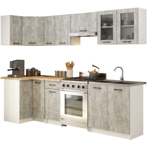 Küchenmöbel-Set OLIWIA 3.0m Modulares Weiß 300 cm 11 Türen 1 Schublade Front Beton B300xH203xT46 cm