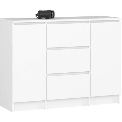 Kommode K100 Weiß 101 cm 2 Türen 3 Schubladen 4 Regalböden B101xH76xT35 cm