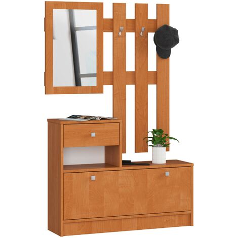Garderoben-Set AKORD Schuhkommode mit Aufsatz in der Farbe Erle mit 1 Schuhkipper B90 x H170 x T25 cm und Wandgarderobe mit Spiegel Gewicht 26,4 kg