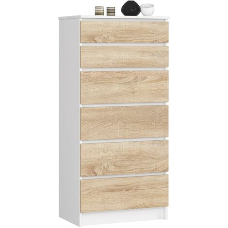 Kommode AKORD K60 Weiß 60 cm 6 Schubladen Front Sonoma-Eiche B60 x H130 x T40 cm