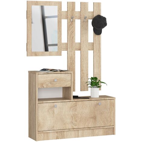 Garderoben-Set AKORD Schuhkommode mit Aufsatz in der Farbe Sonoma-Eiche mit 1 Schuhkipper B90 x H170 x T25 cm und Wandgarderobe mit Spiegel Gewicht 26,4 kg