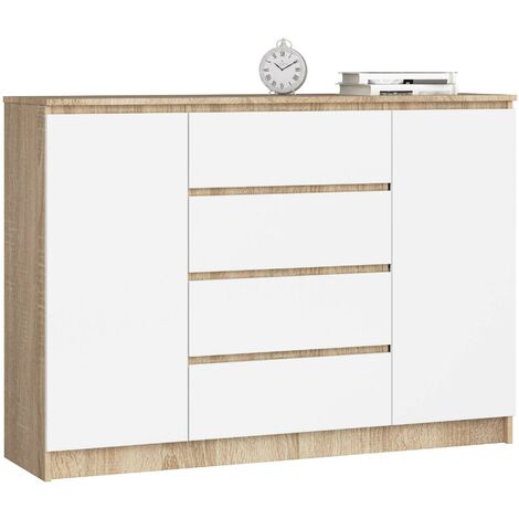 Kommode AKORD K140 Sonoma-Eiche 138 cm 2 Türen 4 Schubladen 4 Ebenen Front Weiß B138 x H99 x T40 cm