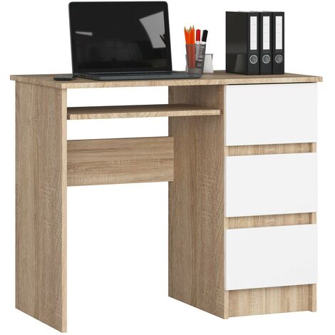 PC-Schreibtisch AKORD A6 rechts in der Farbe Sonoma-Eiche mit 3 Schubladen Front Weiß und 1 Ablagen B90 x H77 x T50 cm