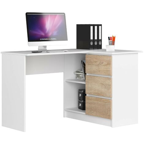 Eck-Schreibtisch AKORD B16 rechts in der Farbe Weiß mit 3 Schubladen Front Sonoma-Eiche und 2 Ablagen B124 x H77 x T85 cm