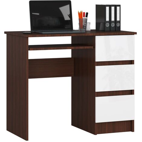 PC-Schreibtisch AKORD A6 rechts in der Farbe Wenge mit 3 Schubladen Front Weiß und 1 Ablagen B90 x H77 x T50 cm
