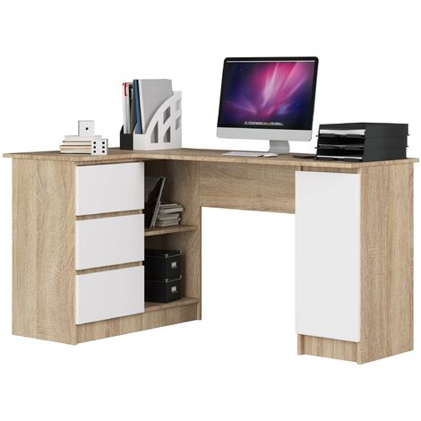 Eck-Schreibtisch AKORD B20 links in der Farbe Sonoma-Eiche mit 3 Schubladen Front Weiß und 4 Ablagen B155 x H77 x T85 cm