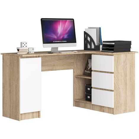 Eck-Schreibtisch AKORD B20 rechts in der Farbe Sonoma-Eiche mit 3 Schubladen Front Weiß und 4 Ablagen B155 x H77 x T85 cm
