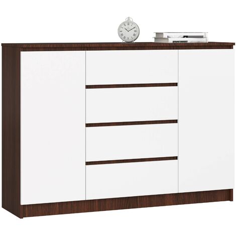 Kommode AKORD K140 Wenge 138 cm 2 Türen 4 Schubladen 4 Ebenen Front Weiß B138 x H99 x T40 cm