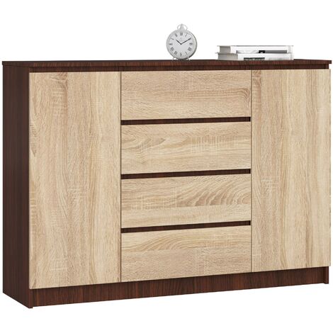 Kommode AKORD K140 Wenge 138 cm 2 Türen 4 Schubladen 4 Ebenen Front Sonoma-Eiche B138 x H99 x T40 cm
