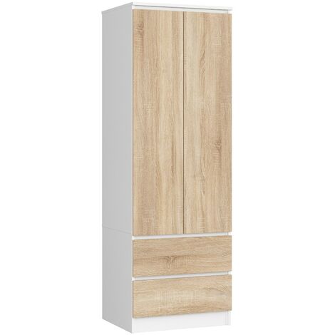 Kleiderschrank AKORD S60 Weiß 60 cm 2 Türen 2 Schubladen Regal Front Sonoma-Eiche B60 x H180 x T51 cm