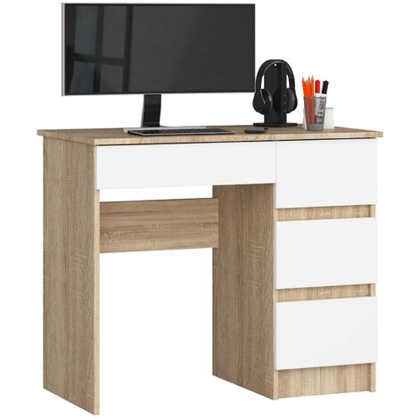 PC-Schreibtisch AKORD A7 rechts in der Farbe Sonoma-Eiche mit 4 Schubladen Front Weiß B90 x H77 x T50 cm