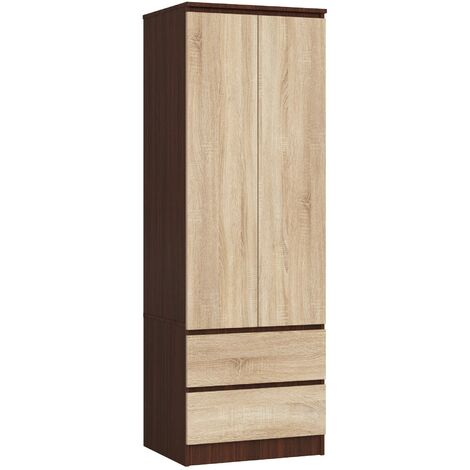 Kleiderschrank AKORD S60 Wenge 60 cm 2 Türen 2 Schubladen Regal Front Sonoma-Eiche B60 x H180 x T51 cm