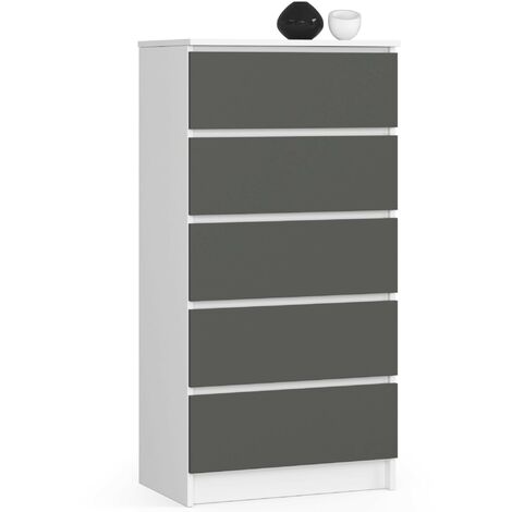 Kommode AKORD K60 Weiß 60 cm 5 Schubladen Front Graphitgrau B60 x H121 x T40 cm