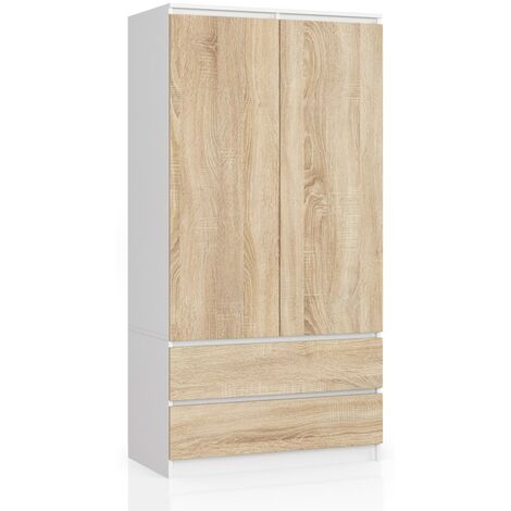 Kleiderschrank AKORD S90 Weiß 90 cm 2 Türen 2 Schubladen 4 Ebenen Front Sonoma-Eiche B90 x H180 x T51 cm