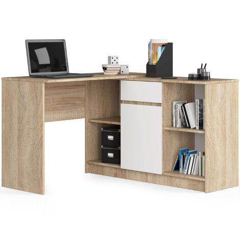 Eck-Schreibtisch AKORD B17 2-in-1 Kombination mit Kommode in der Farbe Sonoma-Eiche Schublade Front Weiß und 6 Ablagen B120 x H79 x T126 cm