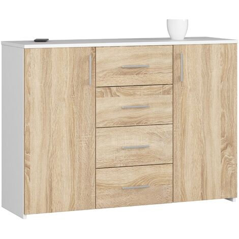Kommode AKORD K45 Weiß 110 cm 2 Türen 4 Schubladen 4 Ebenen Front Sonoma-Eiche B110 x H80 x T35 cm