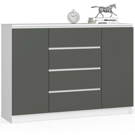 Kommode AKORD K140 Weiß 138 cm 2 Türen 4 Schubladen 4 Ebenen Front Graphitgrau B138 x H99 x T40 cm