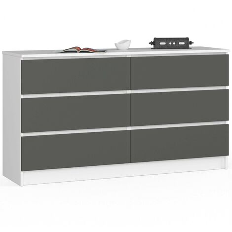 Kommode AKORD K140 Weiß 138 cm 6 Schubladen Front Graphitgrau B138 x H77 x T40 cm