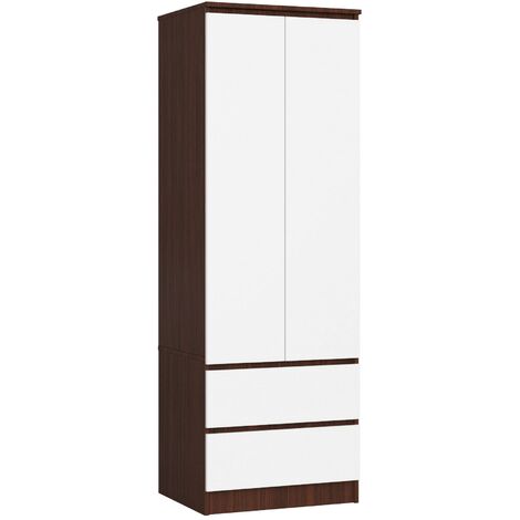 Kleiderschrank AKORD S60 Wenge 60 cm 2 Türen 2 Schubladen Regal Front Weiß B60 x H180 x T51 cm