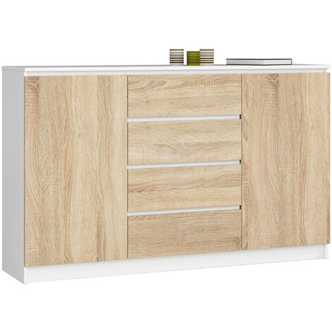 Kommode AKORD K160 Weiß 160 cm 2 Türen 4 Schubladen 4 Ebenen Front Sonoma-Eiche B160 x H99 x T40 cm