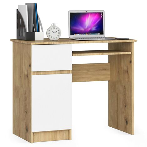PC-Schreibtisch AKORD PIKSEL links in der Farbe Eiche Artisan Schublade Front Weiß und 3 Ablagen B90 x H77 x T50 cm
