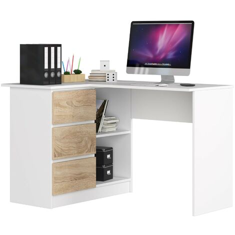 Eck-Schreibtisch AKORD B16 links in der Farbe Weiß mit 3 Schubladen Front Sonoma-Eiche und 2 Ablagen B124 x H77 x T85 cm
