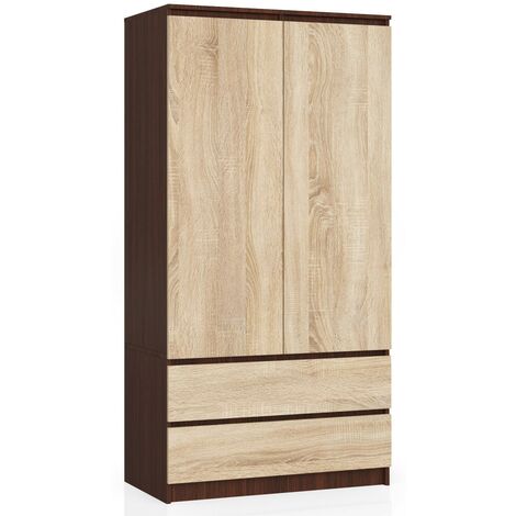 Kleiderschrank AKORD S90 Wenge 90 cm 2 Türen 2 Schubladen 4 Ebenen Front Sonoma-Eiche B90 x H180 x T51 cm