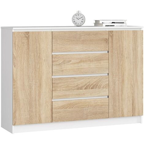 Kommode AKORD K140 Weiß 138 cm 2 Türen 4 Schubladen 4 Ebenen Front Sonoma-Eiche B138 x H99 x T40 cm