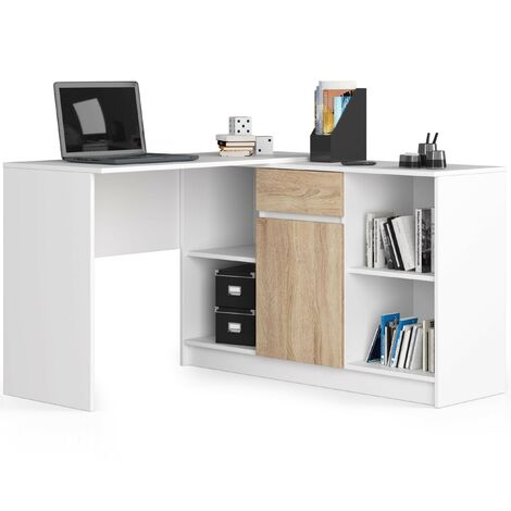Eck-Schreibtisch AKORD B17 2-in-1 Kombination mit Kommode in der Farbe Weiß Schublade Front Sonoma-Eiche und 6 Ablagen B120 x H79 x T126 cm