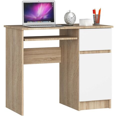 PC-Schreibtisch AKORD PIKSEL rechts in der Farbe Sonoma-Eiche Schublade Front Weiß und 3 Ablagen B90 x H77 x T50 cm