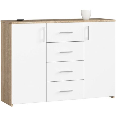 Kommode AKORD K45 Sonoma-Eiche 110 cm 2 Türen 4 Schubladen 4 Ebenen Front Weiß B110 x H80 x T35 cm