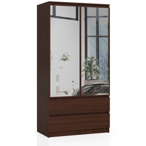Kleiderschrank AKORD S90 mit Spiegel Wenge 90 cm 2 Türen 2 Schubladen 4 Ebenen B90 x H180 x T51 cm